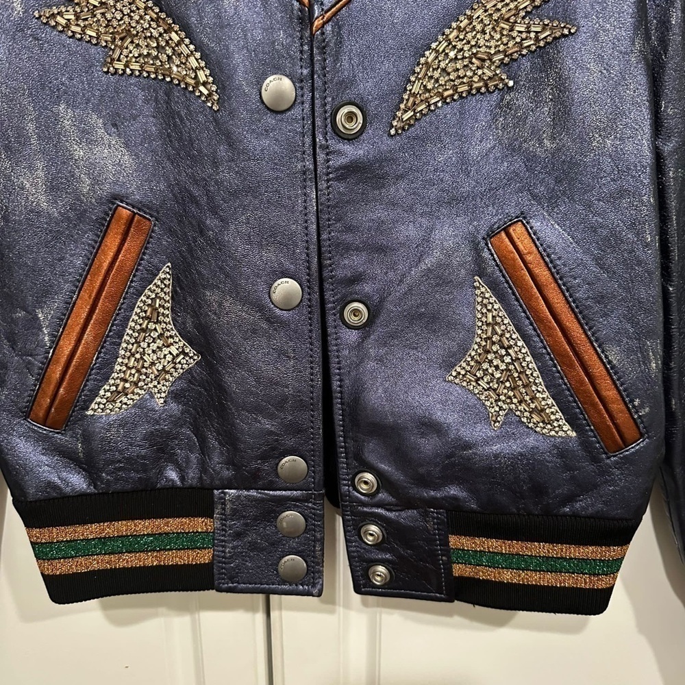 Coach Shrunken Leather Varsity Jacket In Metallic Cadet Blue I Size 2 - Picture 7 of 16